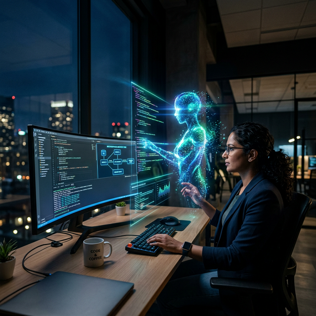 Ingeniero senior trabajando con un agente de IA holográfico